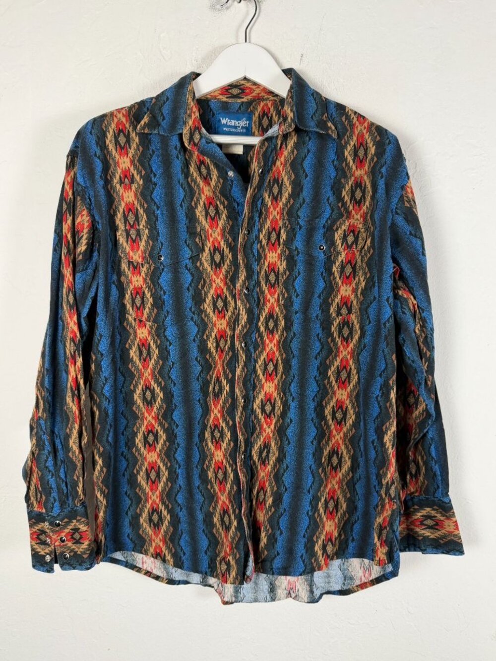 Vintage Wrangler Mens Western Shirt Large Aztec Print Long Sleeve Button-Up